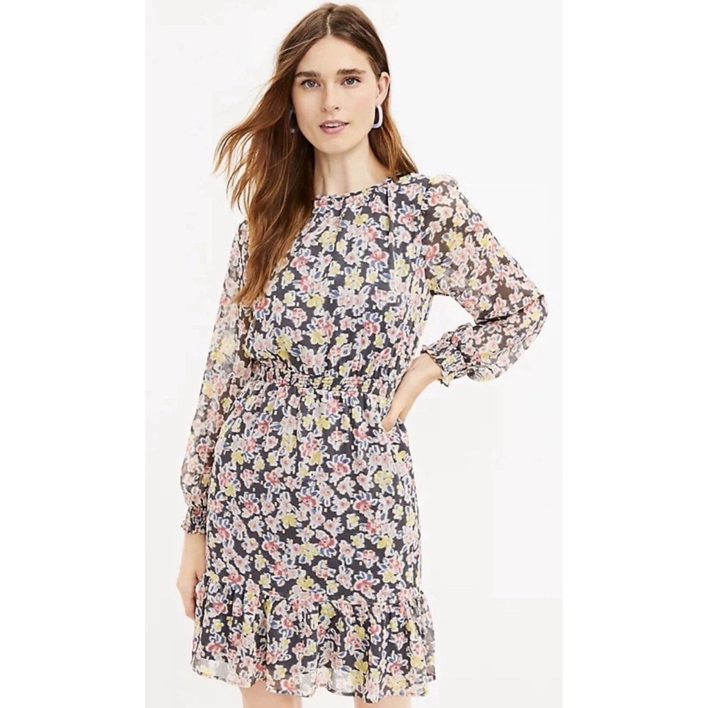 Loft Women's Gray Shimmer Floral Smocked Flounce Dress Long Sleeves Size XXSP